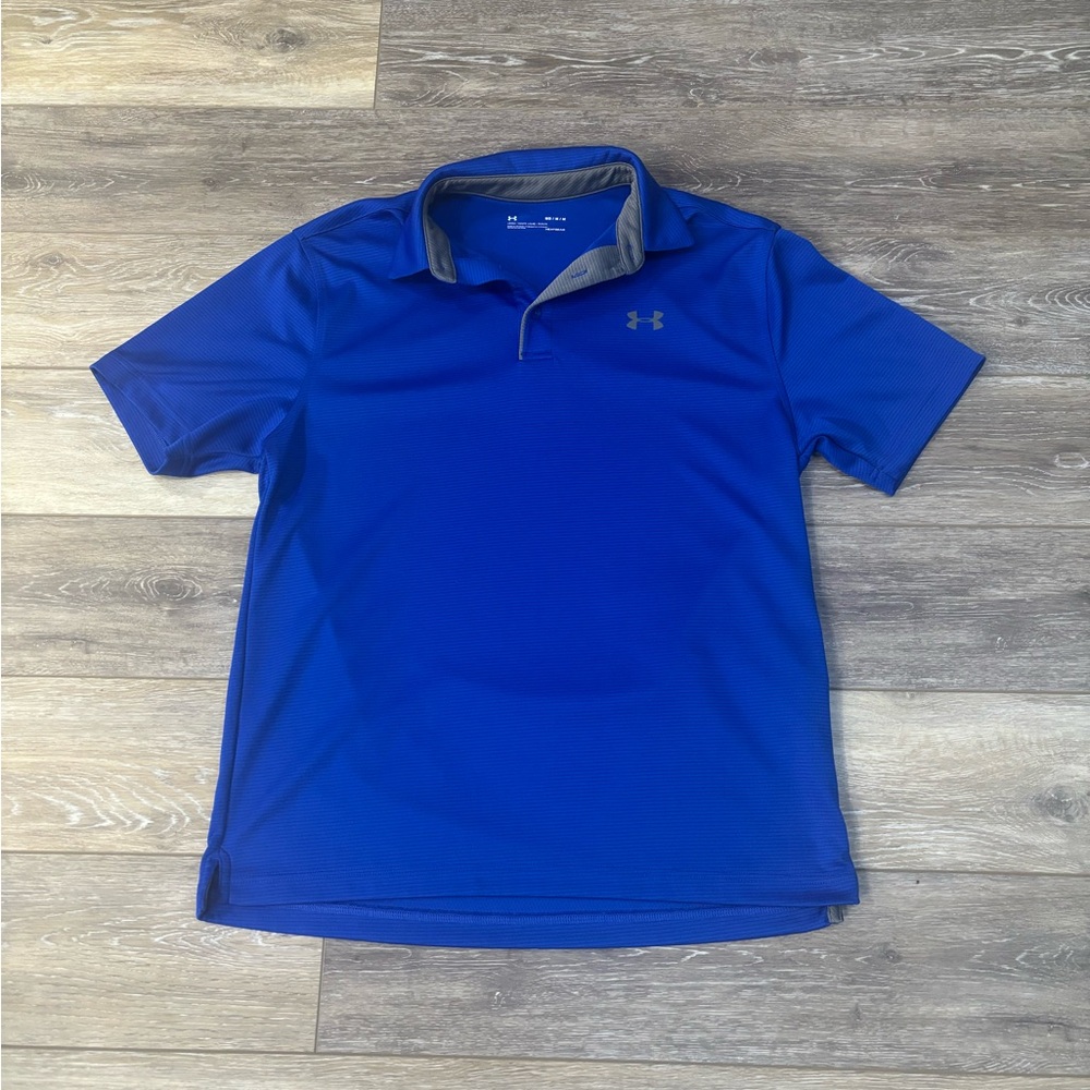 Under Armour Logo Short Sleeve Blue HeatGear Golf Polo Sz M Button Athletic